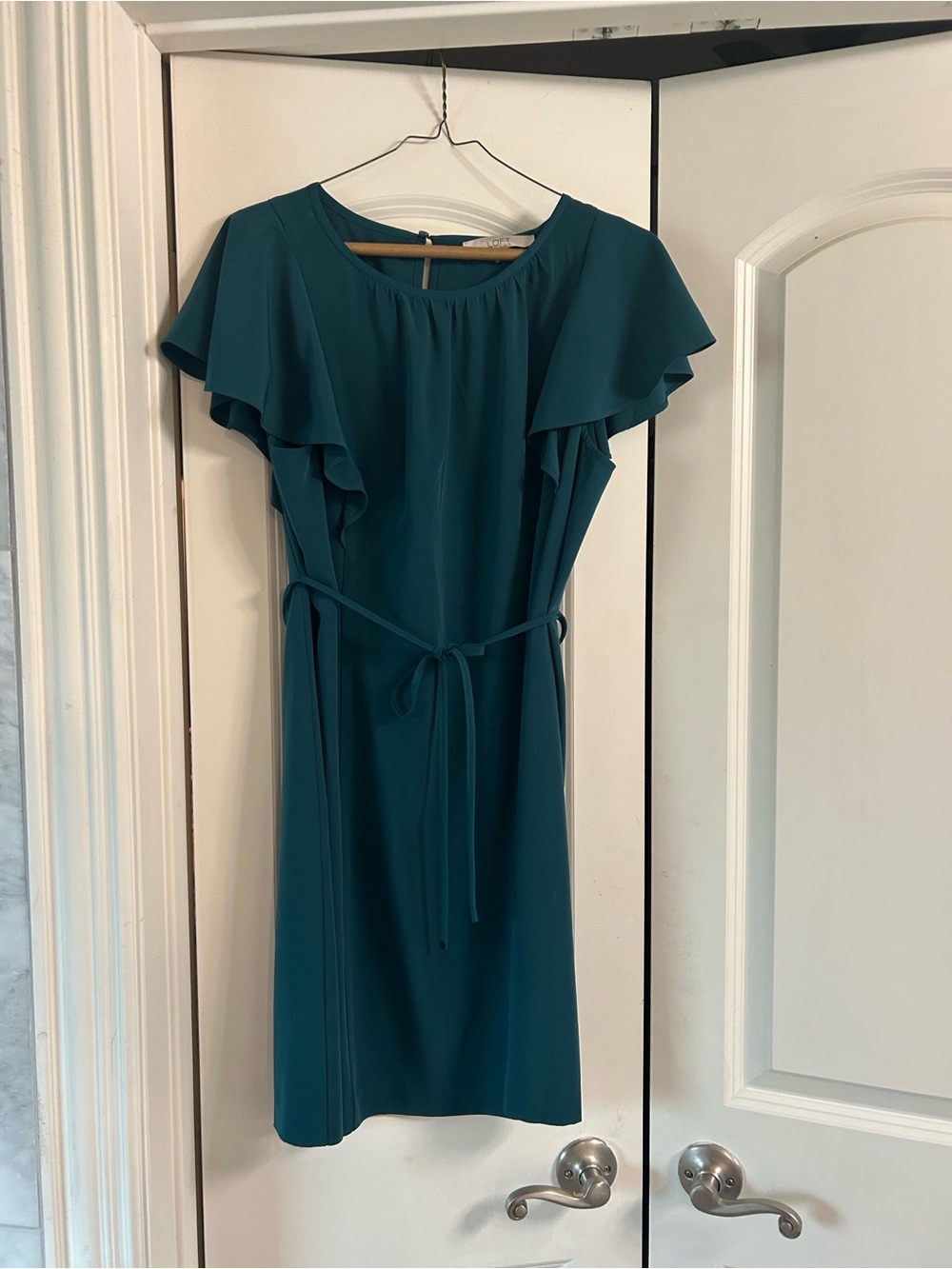 LOFT Teal Flutter-Sleeve Midi Dress with Self-Tie Belt